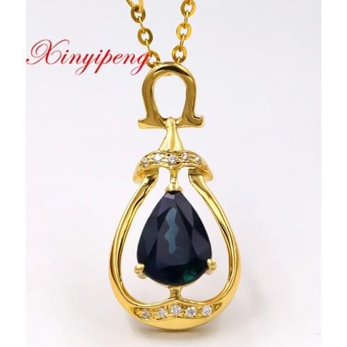 Xin yi peng 18 k yellow gold inlaid natural sapphire necklace pendant, woman, generous, anniversary gift