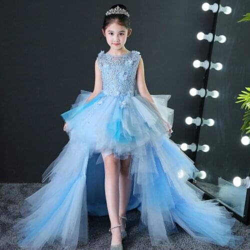 Luxury Blue Puffy Flower Girl Dresses for Wedding Detachable Long Trailing Princess Dress Ball Gown Appliques Kids Evening Gowns
