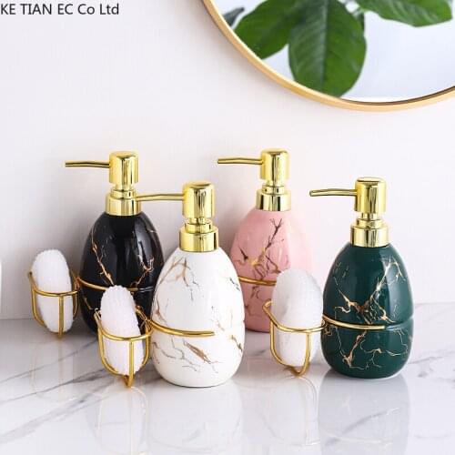 Modern Luxury Ceramic Bathroom Storage Lotion Bottle 420ml Marble Pattern Sub-bottle with Golden Shelf Bathroom Deco Accessories