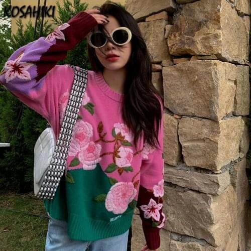 KOSAHIKI Flower Embroidery Sweaters Sweet Cute Korean Fashion Clothing Women Pullover Knitwear Autumn O-neck Vintage Jumper Tops