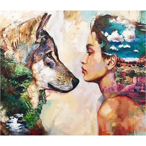 Wolf and Woman Diamond Painting Portrait Animal Round Full Drill Nouveaute DIY Mosaic Embroidery 5D Cross Stitch Home Decor