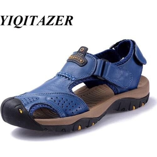 YIQITAZER 2018 Summer New Beach Men Sandals Genuine Leather Men Comfortable Mans Non-slip Soft Rubber Sandals Men Shoes