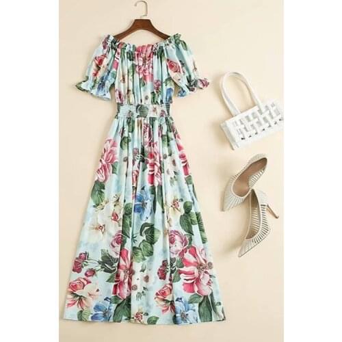 Womens American European and wear 2021 summer new style Five-point sleeve one-line collar flower print Fashionable blue dress