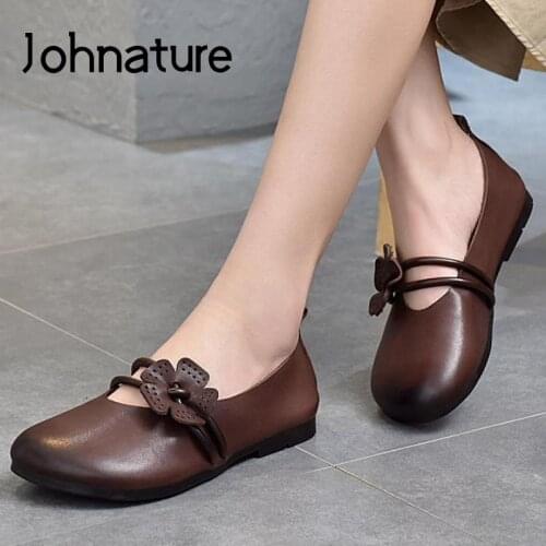 Johnature Spring/Autumn 2021 New Flats Women Shoes Genuine Leather Round Toe Flower Handmade Retro Concise Casual Ladies Shoes
