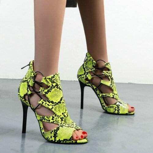 2021 New PU Leather Snake Print Women Sandals Sexy Thin High Heel Open Toe Women High Heel Shoes Party Womens Shoes Big Size