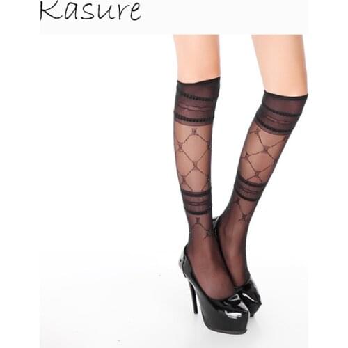 KASURE Women Sexy Transparent Stockings Printed Tattoo Knee High Socks Female Nylon Mesh Stockings Fashion Spring Mesh Socks