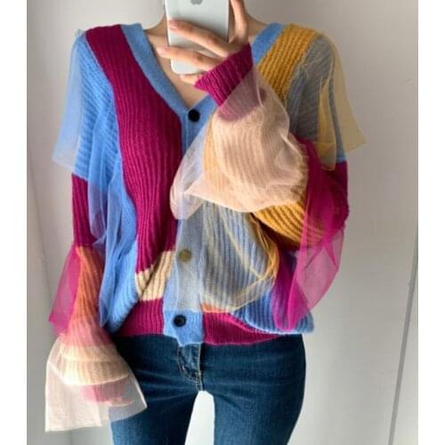 New Spring Women Loose Single Breasted Versatile Long Sleeve Patchwork Top Cardigan Knitted Sweater