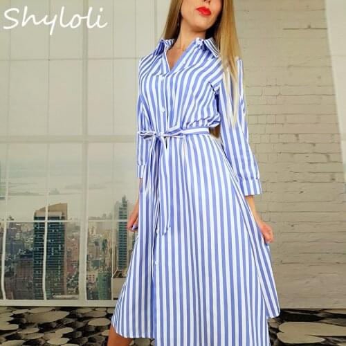 Shyloli Casual Striped A Line Shirt Dress Ladies Nine Points Sleeve Turn Down Collar Sashes Dress 2020 Summer Fashion OL Style