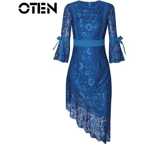 OTEN Party Dresses Women Flare Sleeves With Bow 2019 Autumn New Bodycon Irregular Slim Patchwork O-Neck Sexy Solid Color Elegant