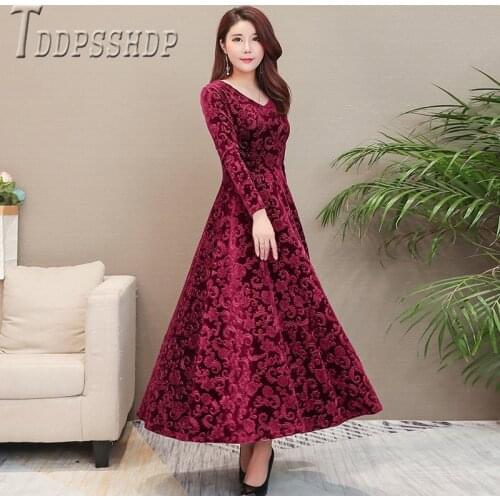 2019 Velvet V Neck Jacquard Long Sleeve Women Dress Temperament Female Maxi Dresses
