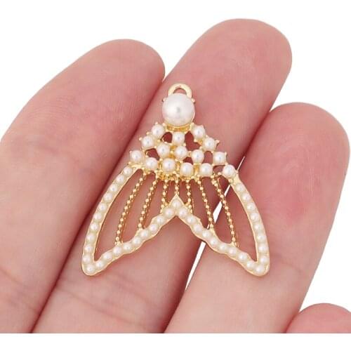 10 x Gold Color Mermaid Tail with Imitation Pearls Charms Pendants for Earrings Necklace Jewelry Making Accessories 30x28mm