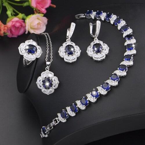 925 Sterling Silver Blue Stone Costume Jewelry Sets For Women Earrings Pendants Ring Free shipping