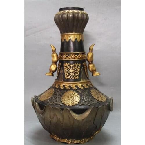 Free shipping S01427 13"Marked China Purple Bronze 24K Gold Pure Silver lotus root Vase Bottle Statue