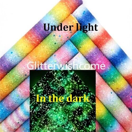 Glitterwishcome Glows in the Dark Rainbow Chunky Glitter Leather Fabric Sheets Soft Backing Leather Bow DIY 21X29CM GM1051A