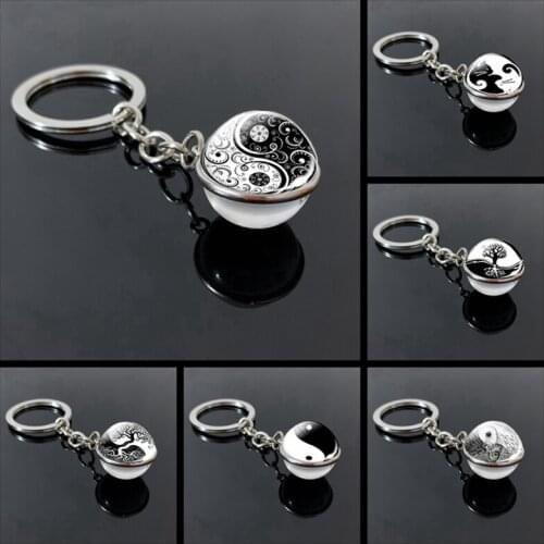 Yin Yang glass ball keychain convex round jewelry keychain picture double-sided glass ball keychain