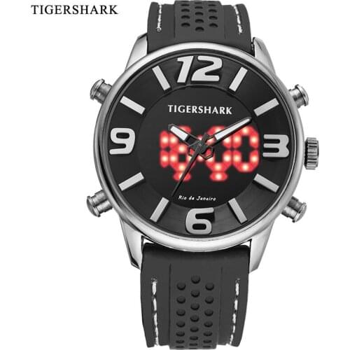 TIGERSHARK Brand Men Watches Fashion Rubber Quartz Wristwatches LED Digital Watches 30M Water Resistant Relogios Masculino Clock