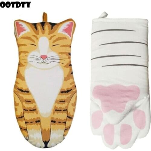 3D Cartoon Cat Paws Oven Mitten Long Cotton Mitts Baking Insulation Gloves Microwave Heat Resistant Non-slip Kitchen Gloves