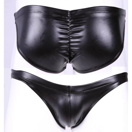 Faux Oil Latex PU Leather Mens Swimming Trunks Convex Pouch Booty Lift Sexy Bikini Briefs Underwear Men Lingerie Mini Bermudas