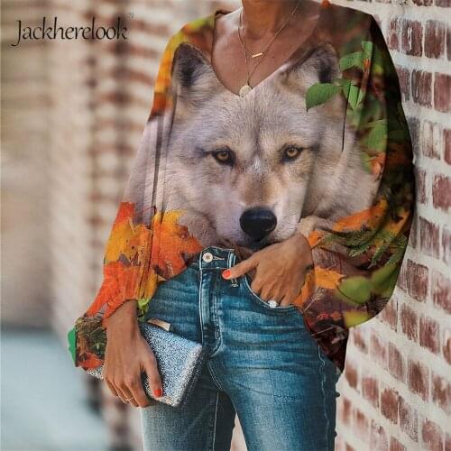 Jackherelook Cute Czechoslovak Wolf Dog Pattern Women Chiffon Clothing Sexy V-neck Shirt Casual Plus Size Tops Shirts Femme 2020