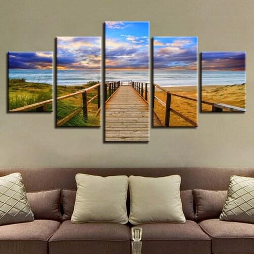 Canvas Printed Painting Wall Art Poster 5 Pcs Beach Bridge Morning Sunrise Landscape Pictures Modular Living Room Decor(No Frame