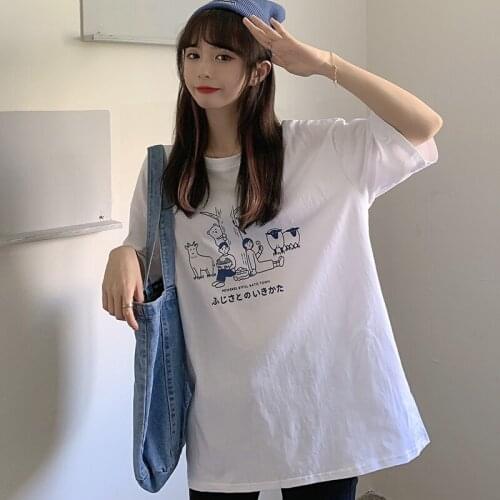 Summer college style cartoon print half-sleeved mid-length loose cotton T-shirt all-match casual women