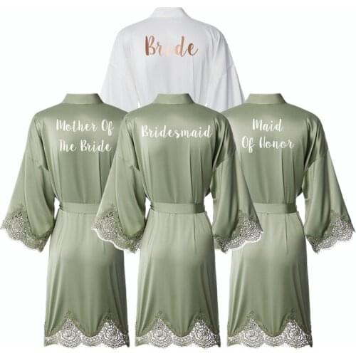 Matt Satin Lace Robe Gown Bridesmaid Robes Kimono Bride Robe Bridal Robe Women Wedding Bridal Robes Green