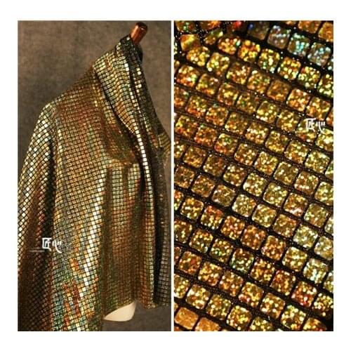 Magic color metal dark gold reflective square lattice soft mirror cloth mesh Sequin flash clothing fabric width 1m