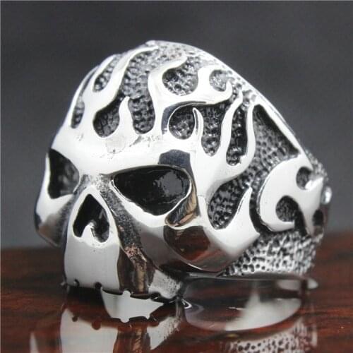 316L Stainless Steel Fashion Biker Skull Ring Mens Motorcycle Biker Band Party Flaming Skull Ring