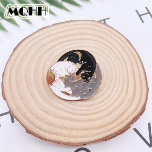 Cartoon Cute Animals Cats Enamel Pins Three Cats Hugs Sleeping Sun Stars Moon Alloy Brooches Badges Clothes Accessories Jewelry