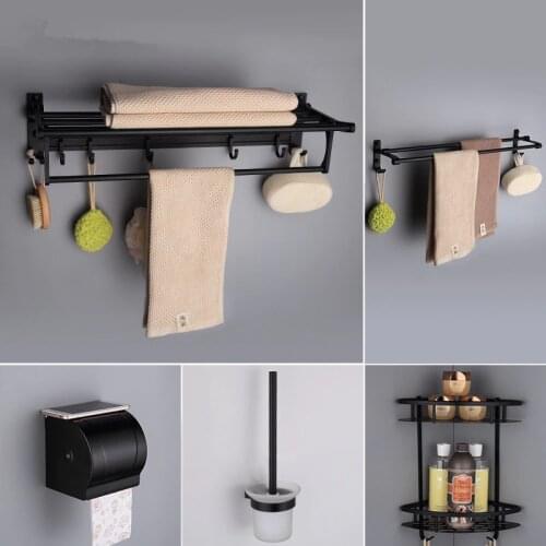Bath Hardware Set Aluminum Corner Shelf Towel Rack Towel Bar Robe Hooks Toilet Brush Holder Nail Punched Black Free Shipping