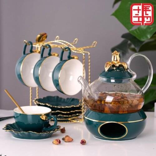 European style ceramic flower tea cup set luxury home afternoon tea set heat-resistant fruit glass pot candle heating base