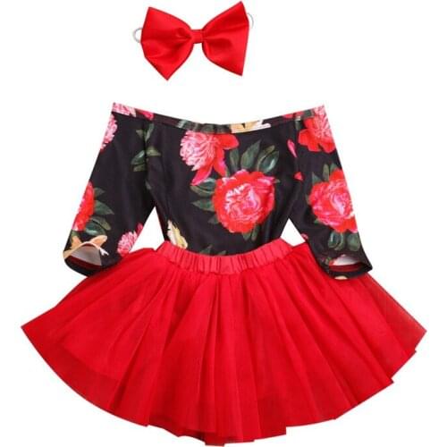 Newborn Baby Girls Summer Floral Clothes Sets Off Shoulder Flower Romper Tops Red Mesh Tutu Skirt Party Princess Clothing