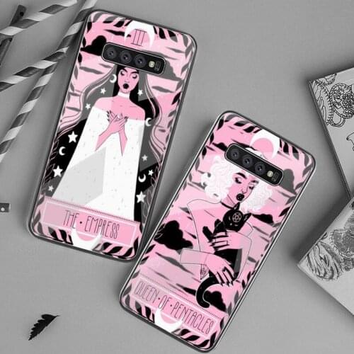 Pink Tarot Moon Cat Phone Case Tempered Glass For Samsung S20 Plus S7 S8 S9 S10 Plus Note 8 9 10 Plus