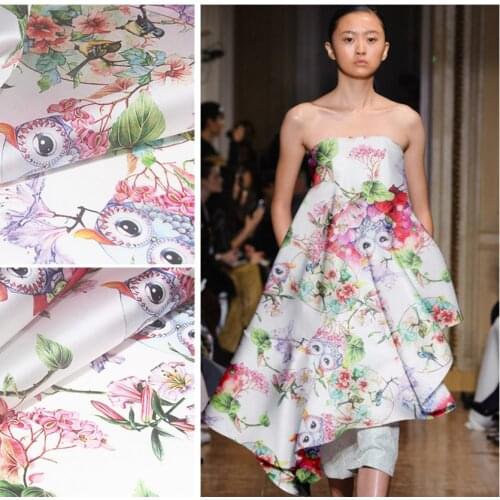 Owl printed silk fabric 135cm silk organza satin fabric crisp translucent awning dress fabric wholesale silk cloth