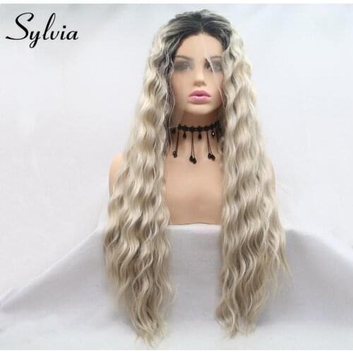 Sylvia Long Curly Synthetic Blonde Lace Front Wig Dark Root Middle Part Two Tone Heat Resistant Fiber Hair Natural Hairline