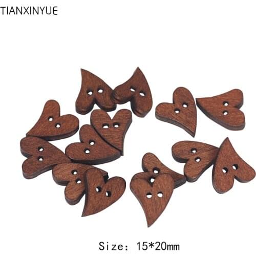 TIANXINYUE 15*20mm Brown Wooden Button Sewing Heart Shape Buttons Craft Scrapbooking for Garment Accessories