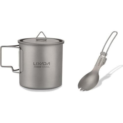 Lixada Titanium Mug Cup Pot + Folding Spoon 300/350/550/650ml Outdoor Camping Tableware Picnic Water Cup Mug with Lid Handle