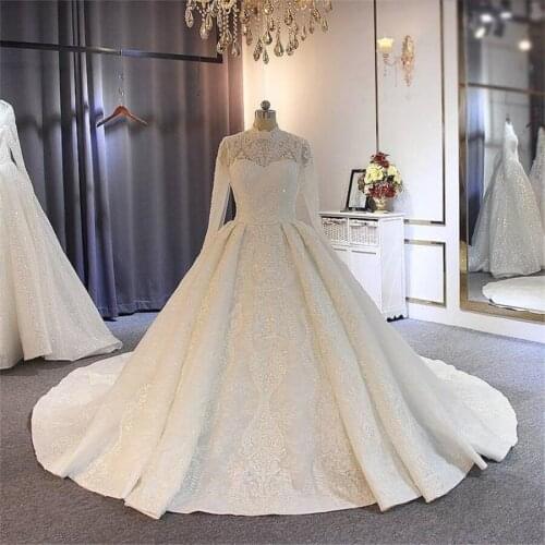 High-end High Neck Long Sleeve Ball Gown Arab Wedding Dress Embroidered Lace Muslim Wedding Gown
