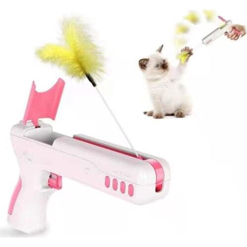 Gun Shape Funny Cat Stick Funny Kitten Cat Teaser Interactive Toy Rod with Bell and Feather Toys For Pet Cats Stick Wire Toy