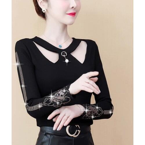 2020 New Women Autumn Hot Drilling Slim Sexy Hollow Out T Shirt Long Sleeve Shirt Tops Female Fashion BottomingTee Shirt A186