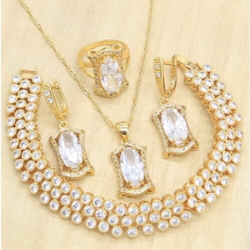 Geometric Gold Color Women Jewelry Sets White Zircon Earrings Bracelet Pendant Necklace Ring Gift Box