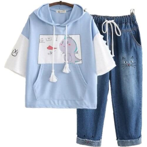 Women Two Piece Set Cartoon Dinosaur Print Harakuju T Shirt And Elastic Waist Embroidery Denim Pants Sweet 2020 Summer Sets