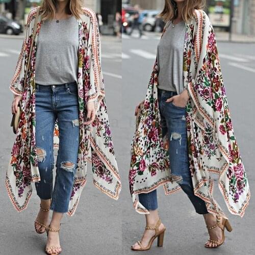 Womens Loose Long Cardigan Coats Batwing Floral Print Asymmetrical Kimono Jacket