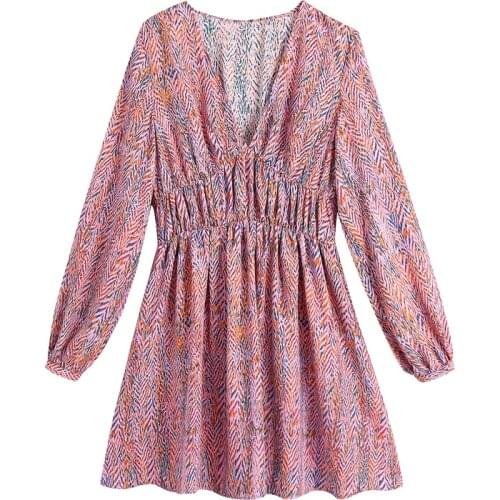New Women ZA printed mini dress Fashion v-neck long sleeves elastic waistband vintage Female dresses Casual ladies short Dress