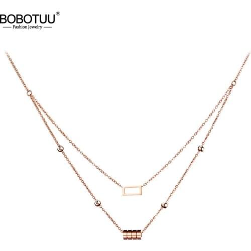 BOBOTUU Stainless Steel Geometric Cylinder & Square Choker Necklace Jewelry Lovely Wedding Pendant Necklace For Women BN17046