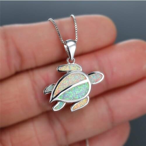 Female White Blue Opal Wedding Necklace Dainty Animal Small Turtle Pendant Necklace Charm Silver Color Chain Necklaces For Women