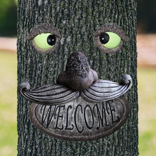 1pc Resin Tree Face Monster Ornament Elderly Tree Face Glowing Eyes Outdoor Garden Craft Figurine DIY Decoration Accessories