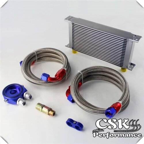 19 Row 248mm AN10 Universal Engine Transmission Oil Cooler British Type + Aluminum Filter Hose End Kit Blue