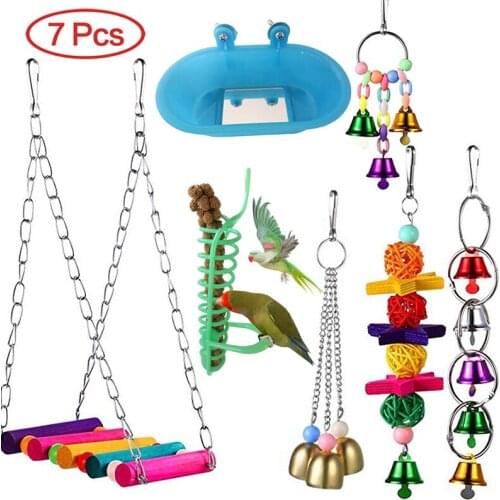 7pcs Parrot Chewing Toys Swing Sepak Takraw Foraging Bird Cage Bell Feeding Toys Bath Tub Pet Supplies Parakeet Cage Accessories