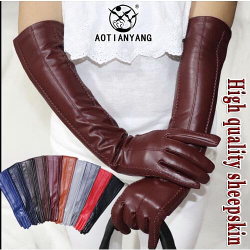 AOTIANYANG Genuine Leather Gloves 100% Sheepskin Long Gloves Womens Winter Warm Fleece Lining Over Elbow Arm Sleeves Color New